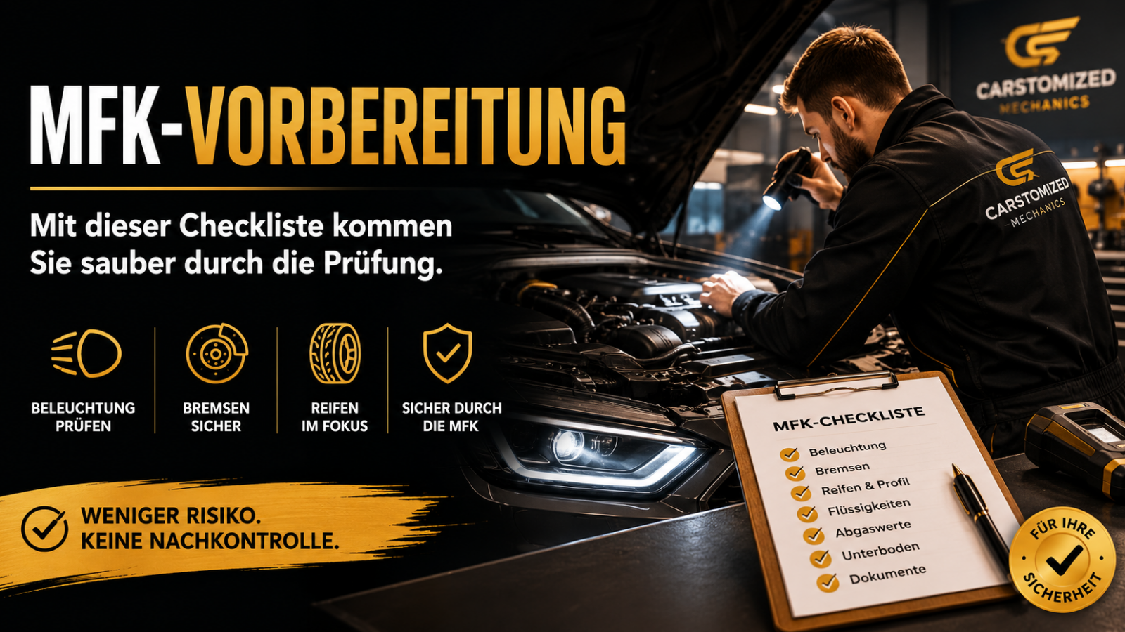 Auto auf der Hebebühne zur MFK-Vorbereitung in Weinfelden mit Checkliste für Reifen, Bremsen und Beleuchtung