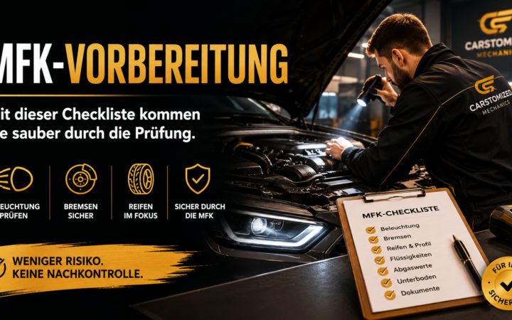 Auto auf der Hebebühne zur MFK-Vorbereitung in Weinfelden mit Checkliste für Reifen, Bremsen und Beleuchtung