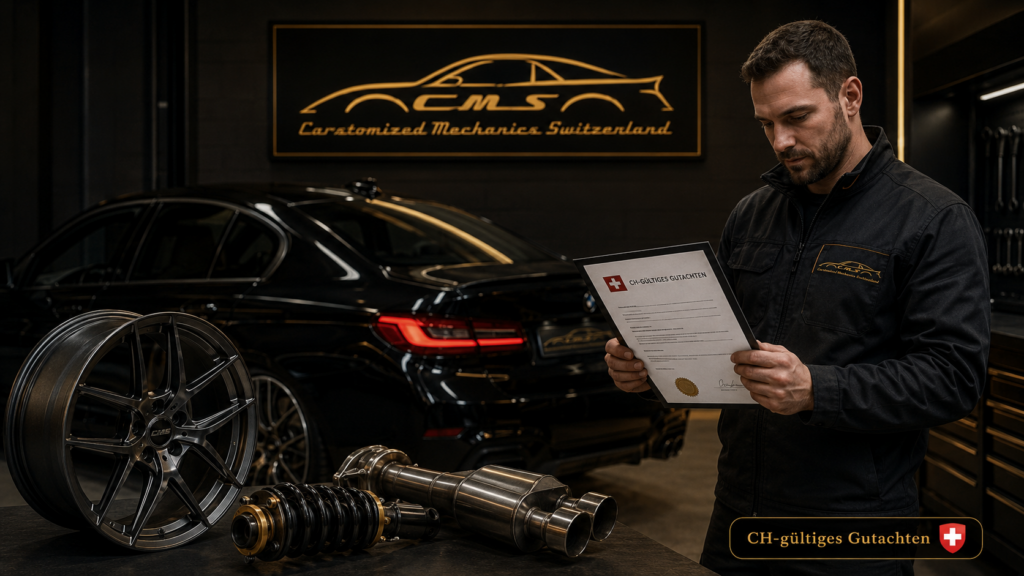 Mechaniker prüft CH-gültiges Gutachten für legales Tuning in einer Autogarage in Weinfelden