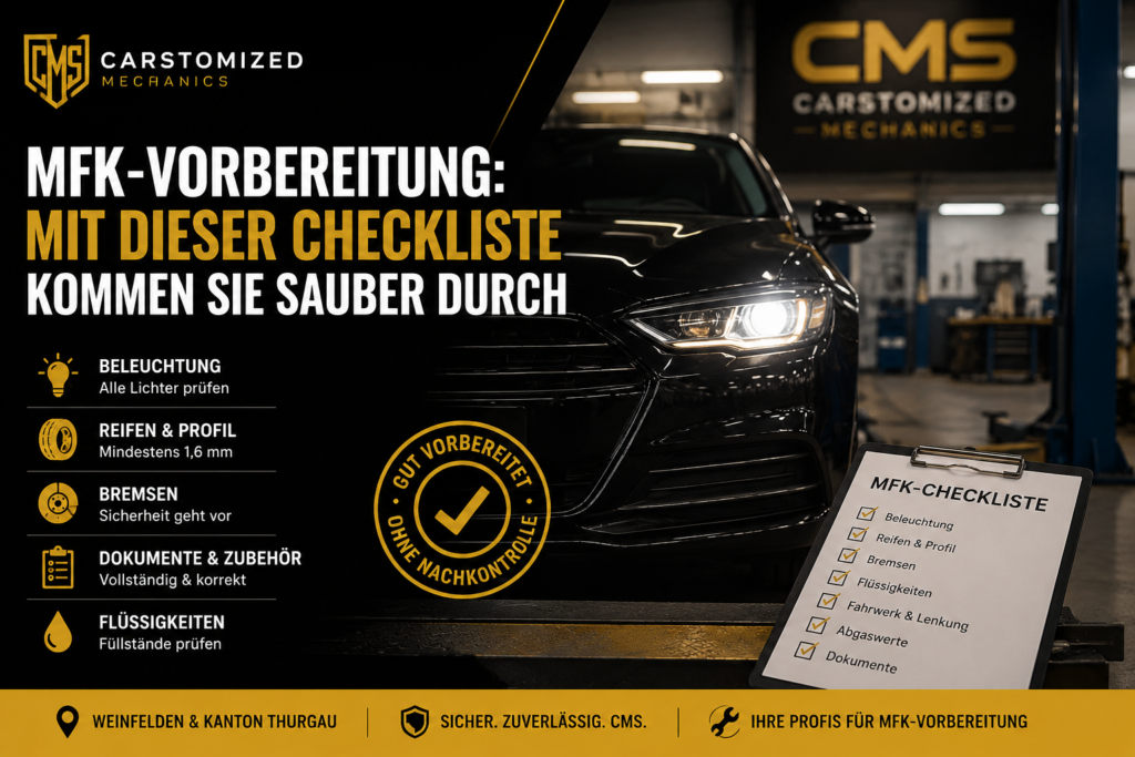 MFK-Vorbereitung in der Autogarage Weinfelden mit Checkliste für Beleuchtung, Reifen und Bremsen