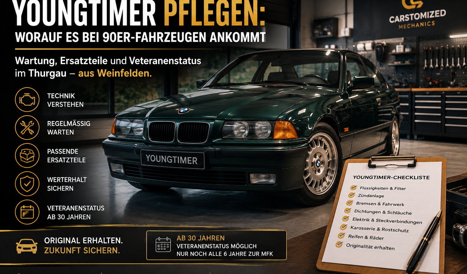 Youngtimer pflegen in Weinfelden: 90er-Fahrzeug in der Autogarage mit Hinweisen zu Wartung, Ersatzteilen und Veteranenstatus