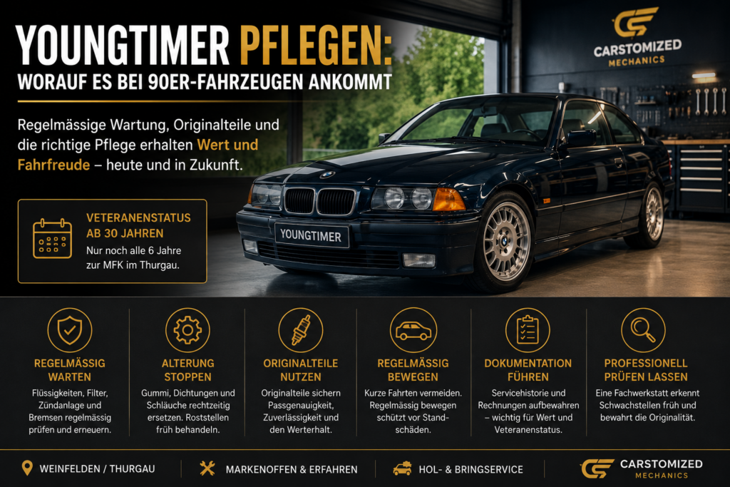Youngtimer pflegen Checkliste mit Tipps zu Wartung, Originalteilen, regelmässiger Bewegung und Veteranenstatus